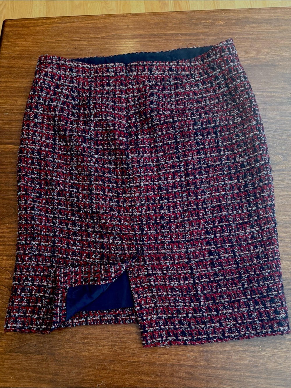 Classic J Crew Tweed Pencil skirt.  Red and Navy Lined Midi Skirt.